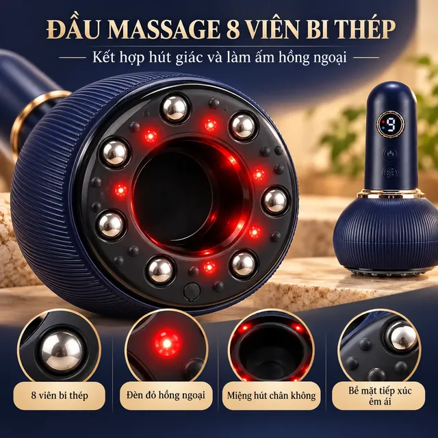 Cận cảnh mặt dưới máy massage có 8 viên bi thép